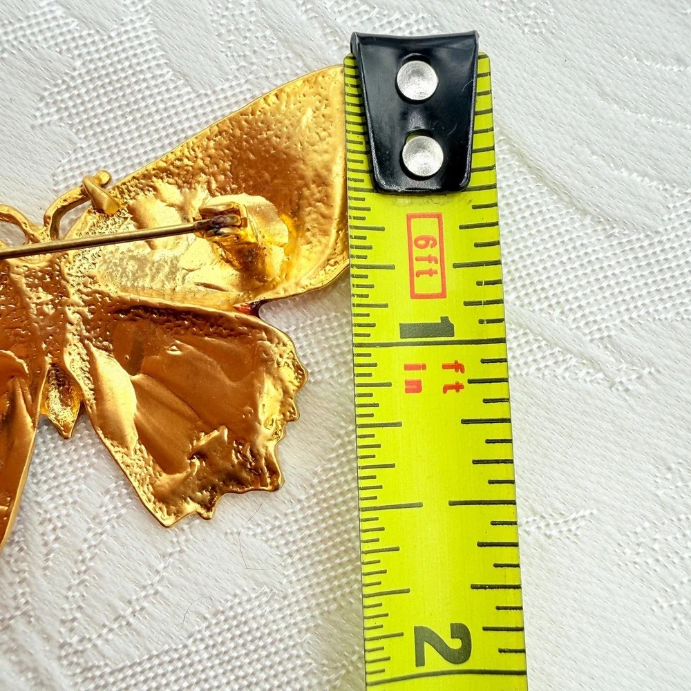 Vintage Orange, Cream, & Green Enamel Gold Tone Butterfly Moth Pin w/ Green Eyes